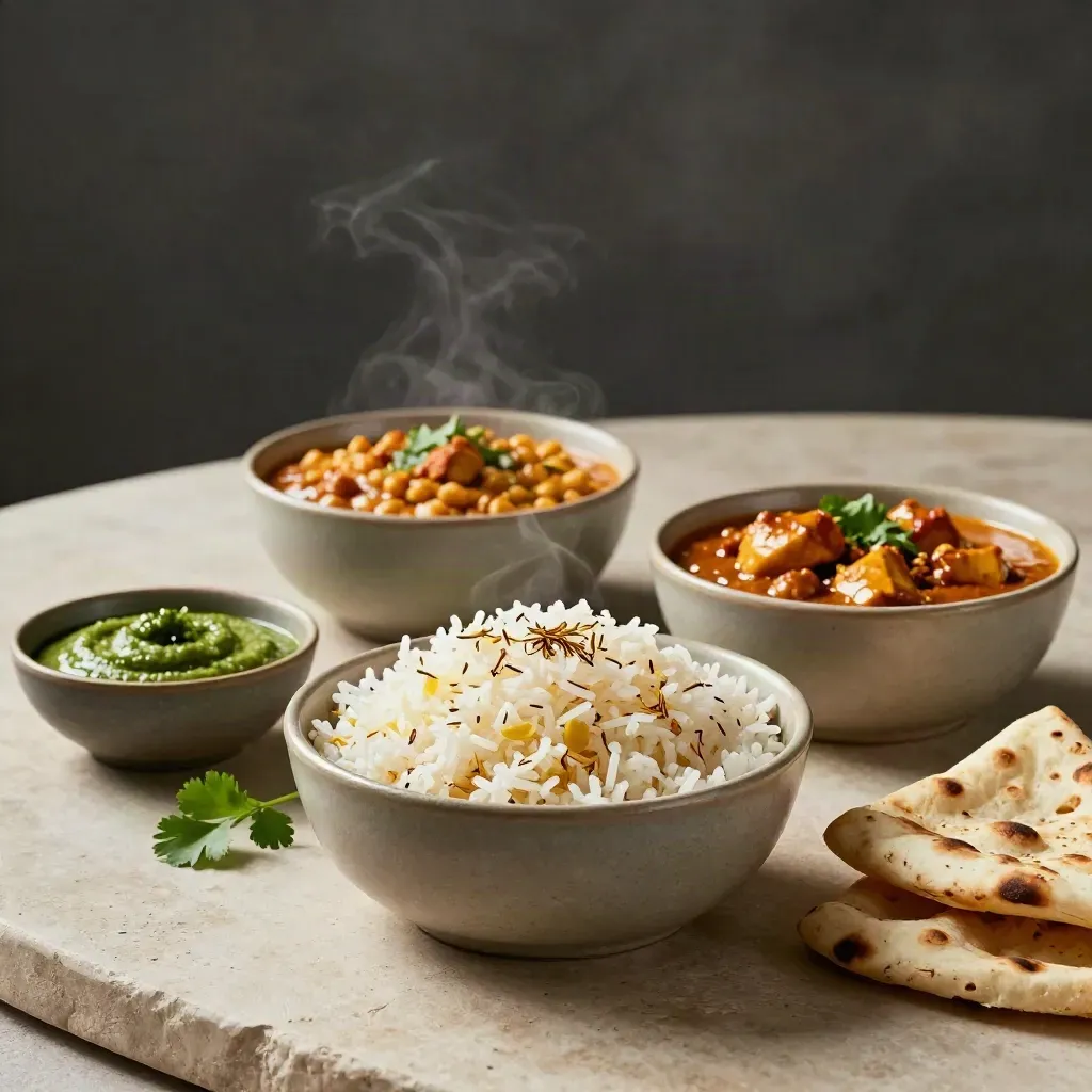 Dal, chana masala, paneer curry, saag, rice and naan on a pale stone table with soft steam.