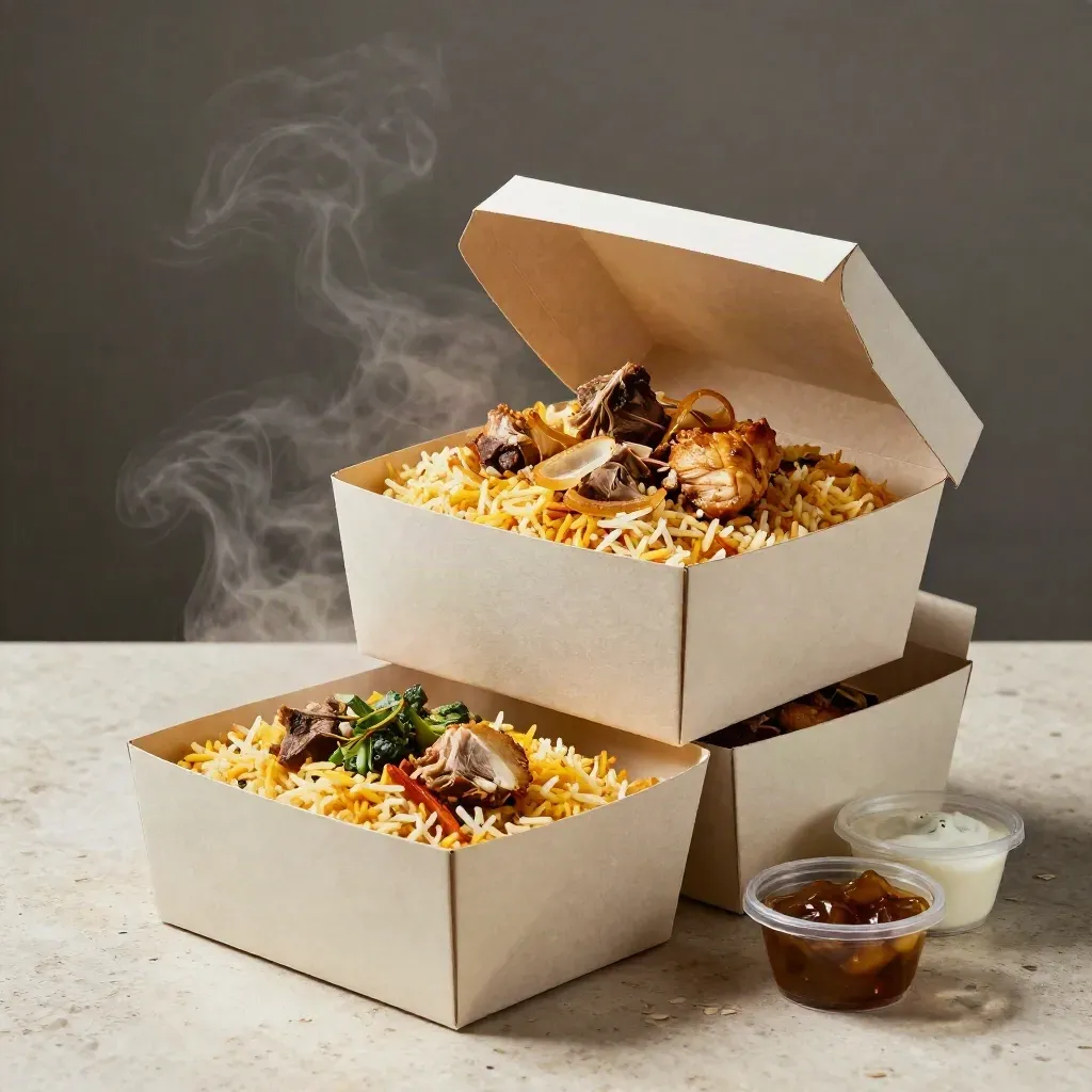 Top-down biryani boxes with steam, raita cups and pickle on travertine.
