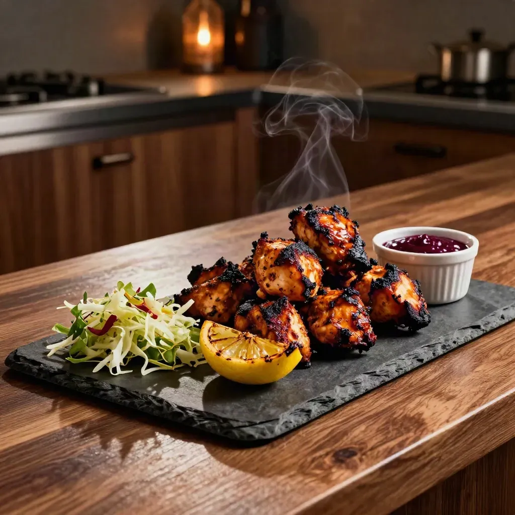 Charred tandoori platter with chicken, lamb seekh, paneer tikka, salad, and chutney
