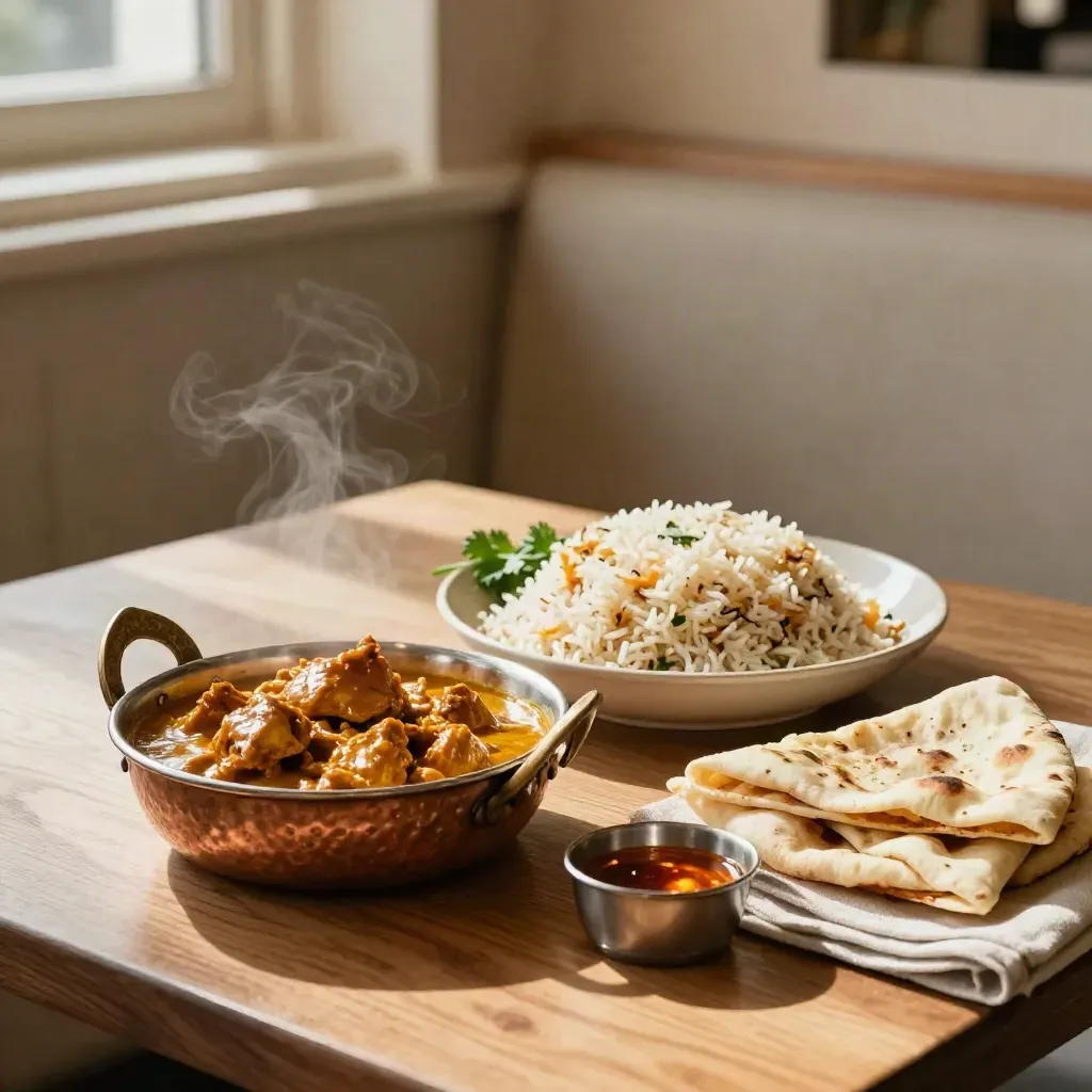 Chicken curry, basmati rice, naan and chutney in copper and ceramic serveware with warm steam