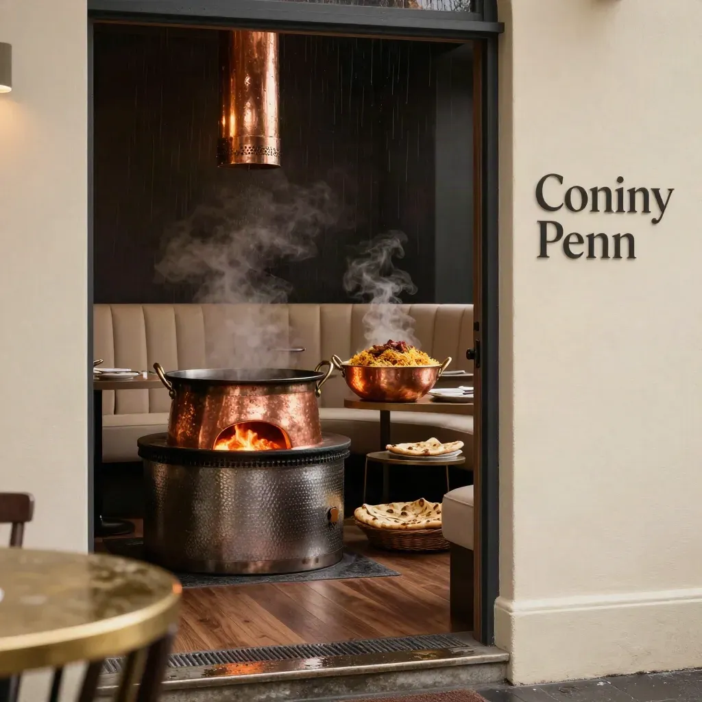 Cinematic Conwy restaurant threshold with tandoor, copper curry pans, biryani and naan in warm drizzle light.