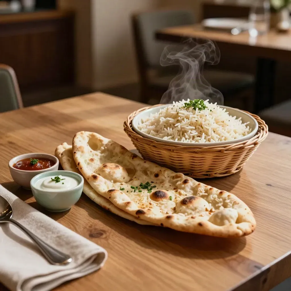 Naan, chapati, rice, chutney and raita in warm ceramic serving pieces on an oak table.