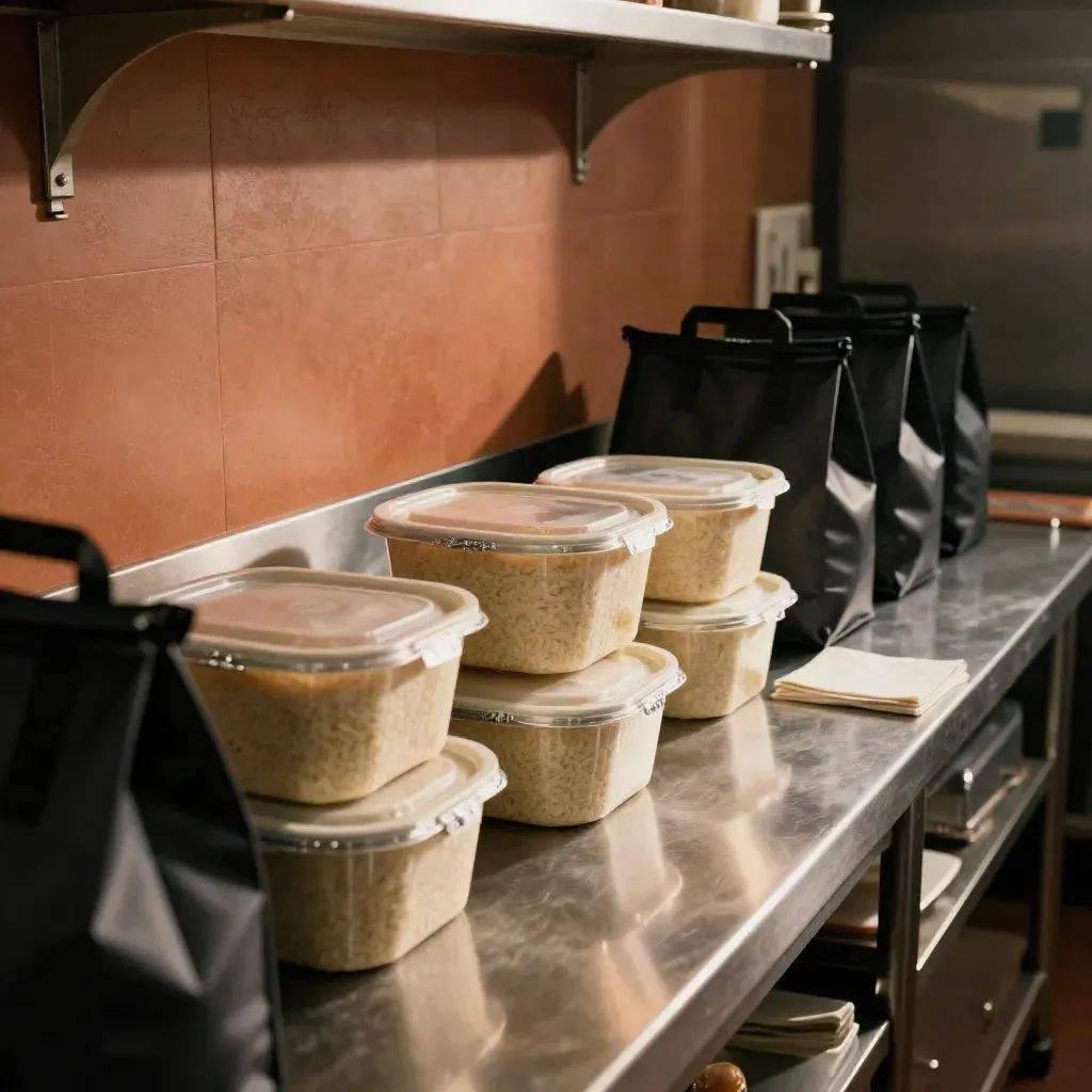 Takeaway curry tubs, rice boxes and insulated bags staged for quick pickup in a moody kitchen