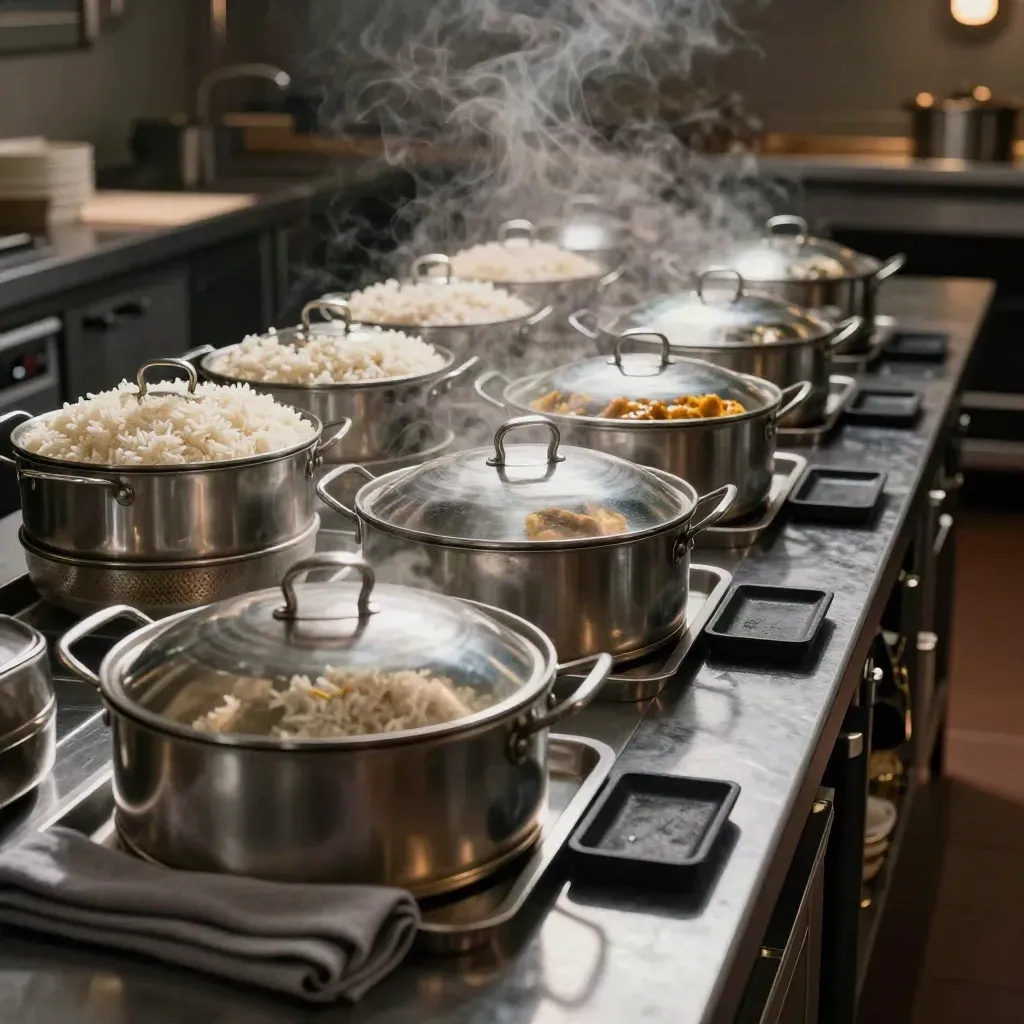 Steaming curry pans and rice tubs lined up on a restaurant service pass
