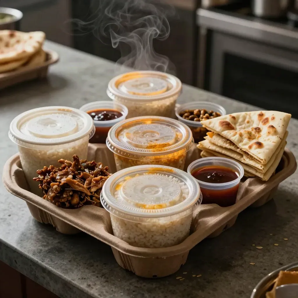 Top-down takeaway tray with curries, rice tubs, naan sleeves, and sauce cups, steaming on stone.
