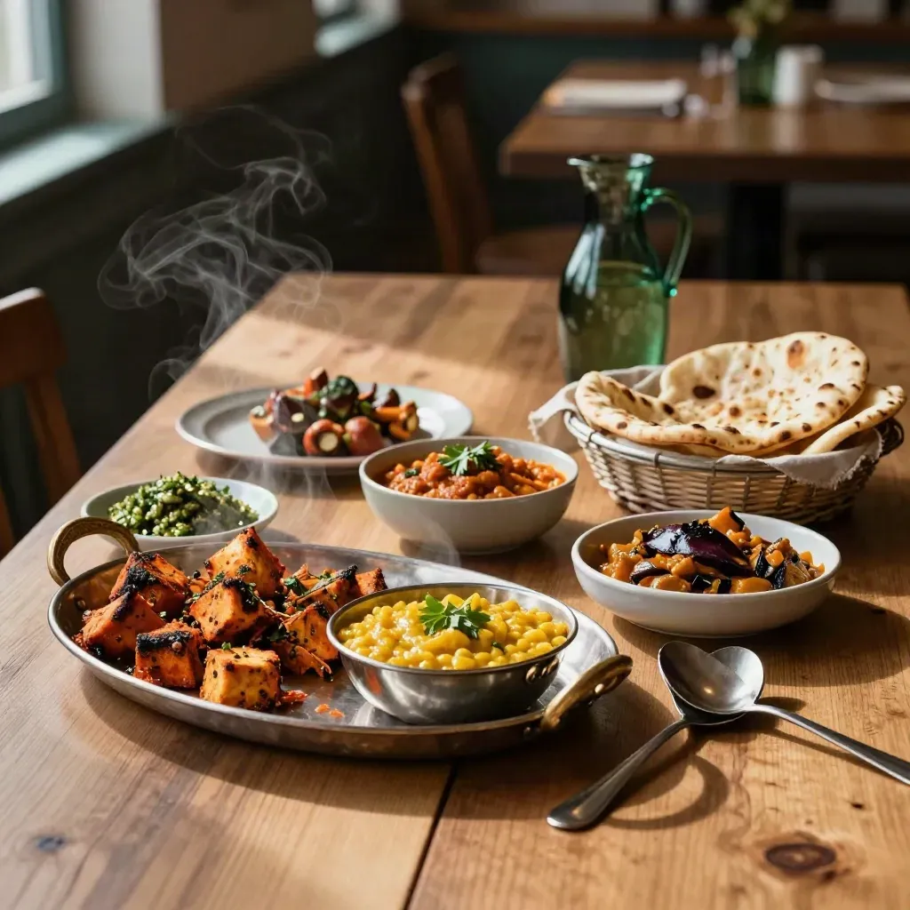 Vegetarian Indian feast laid out on a diagonal banquet table with steaming curries and naan