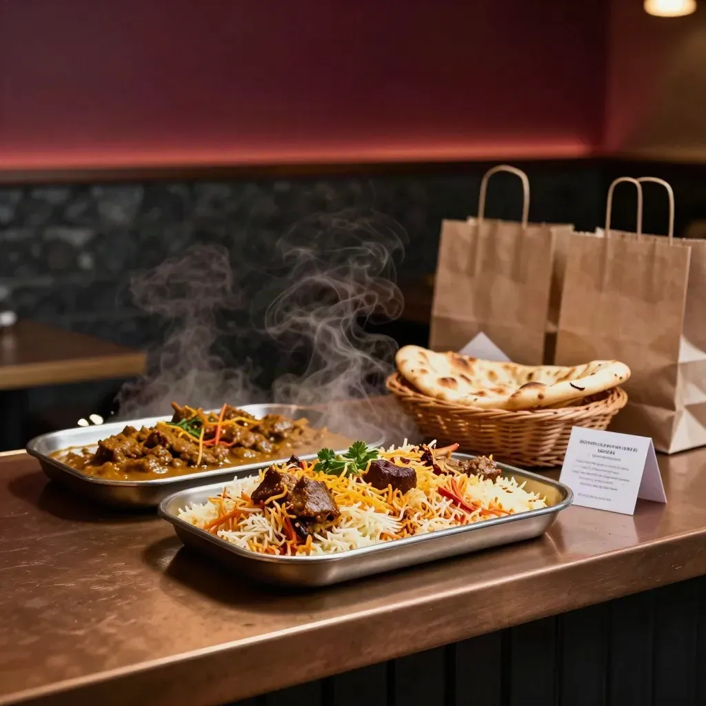 Steam rises from curry trays on a late-night pickup shelf beside naan and takeaway bags.