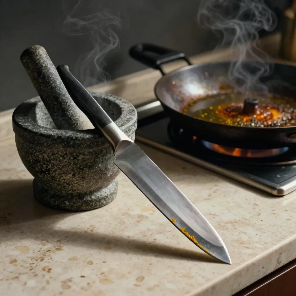 Macro still life of a chef’s knife, spice mortar and seasoned tawa with steam on travertine.