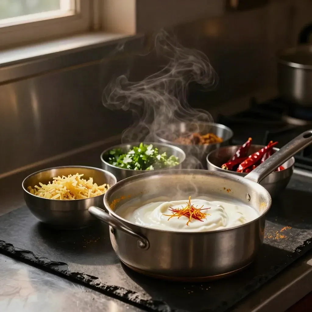 Steel bowls of curry prep ingredients around a steaming saucepan on a dark slate counter.