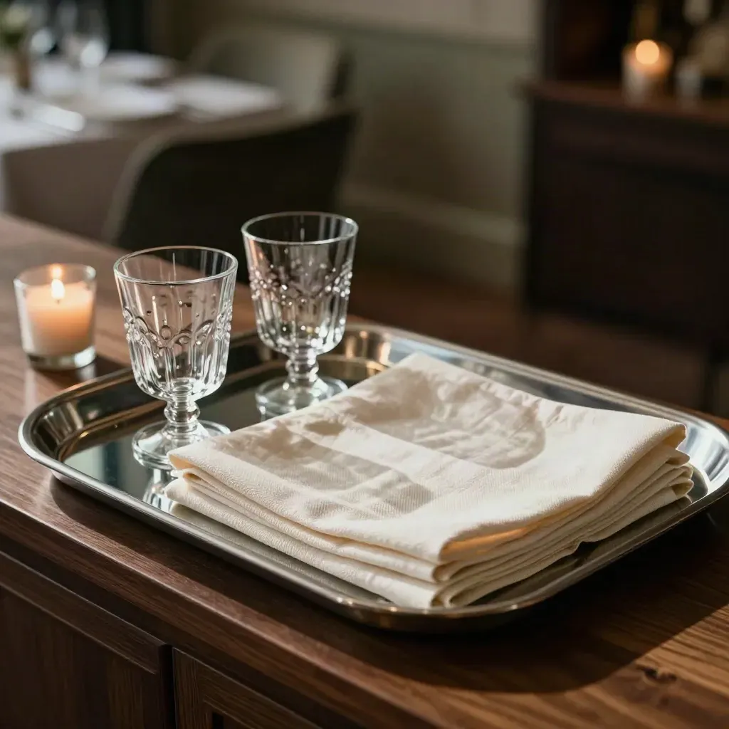 Cream linens, glassware and a candle votive on a polished serving tray at a restaurant station.