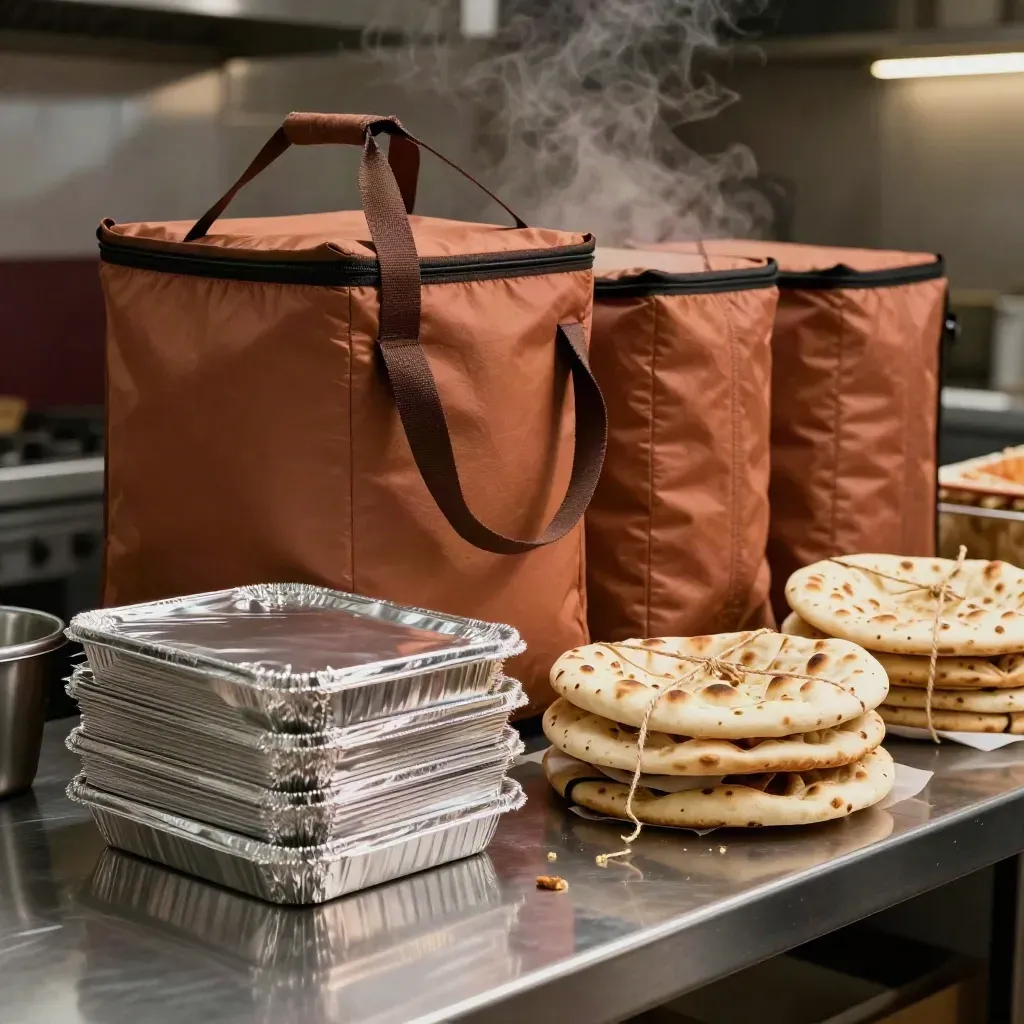 Takeaway bags, foil trays, and naan bundles at a warm packing station