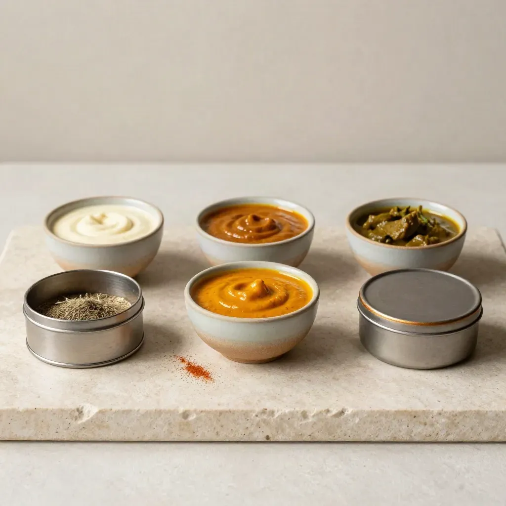 Top-down curry tasting flight with spice tins on a stone slab