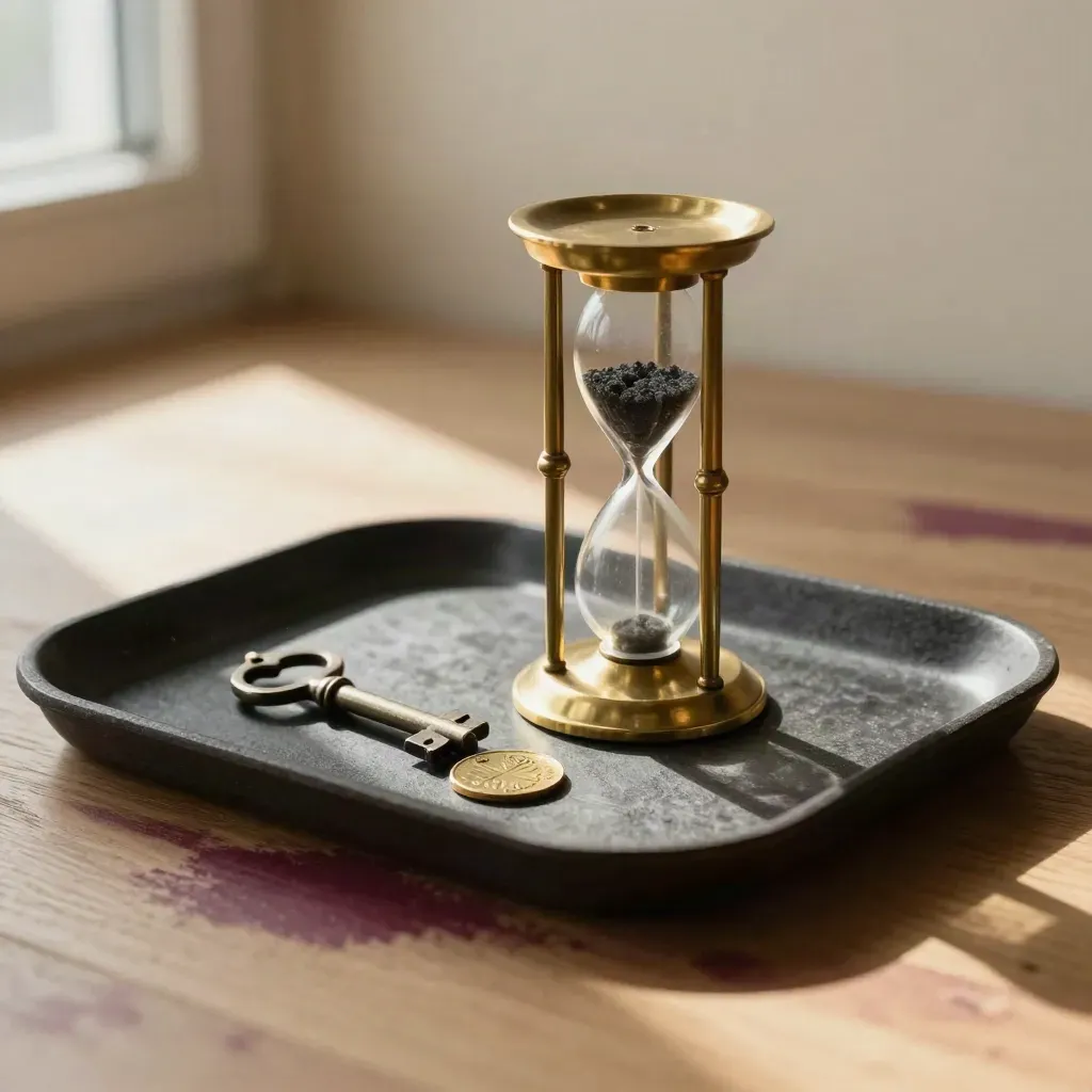 Brass hourglass and key on a dark tray over pale wood, softly lit with burgundy accents.