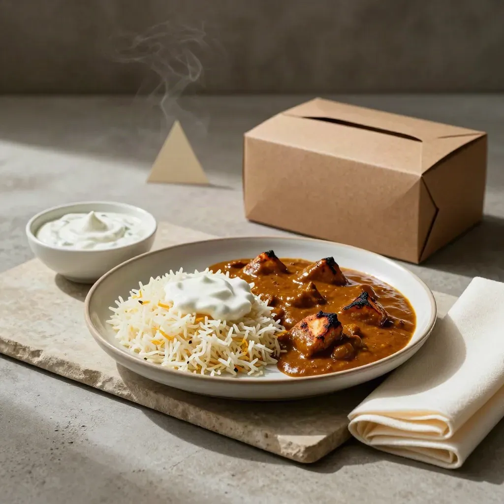 Curry plate, takeaway box, napkin and side bowl on a stone tray with soft steam.