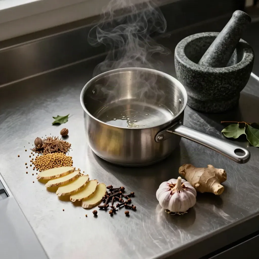 Overhead spices, ginger, garlic, mortar and steaming saucepan on a steel prep top