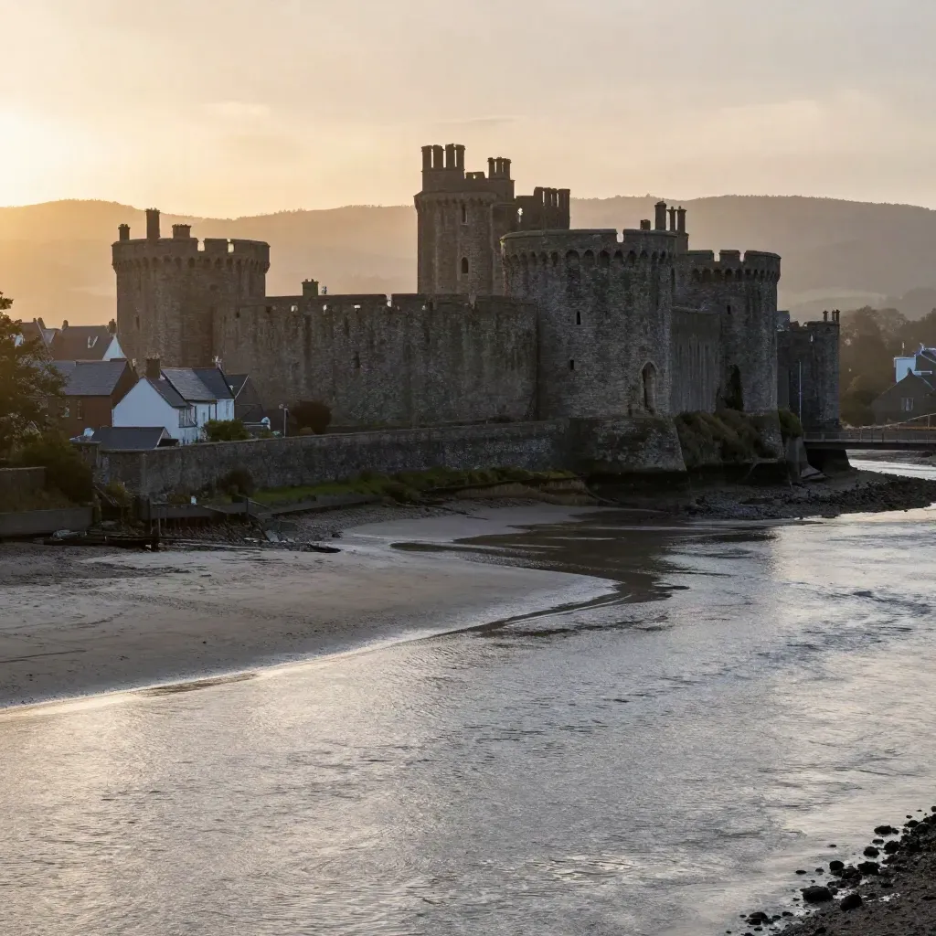 Conwy Castle over the estuary at golden hour with calm water and sea mist