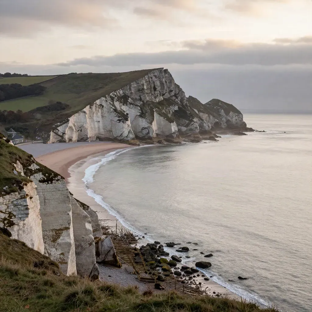 Wide Llandudno Coast view with Great Orme above a calm, misty shoreline at blue hour.