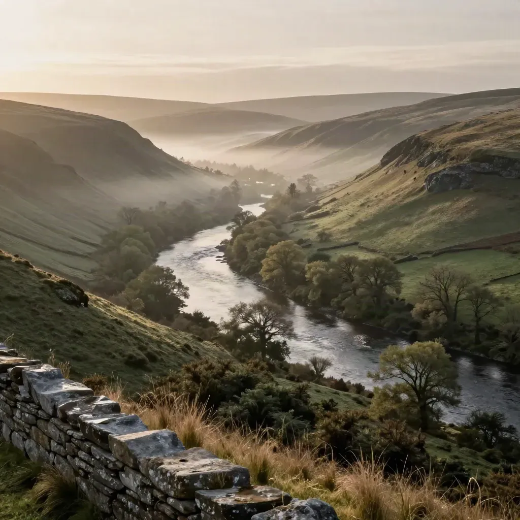 Misty Conwy Valley with a river ribbon, wooded slopes and distant hills at dawn.