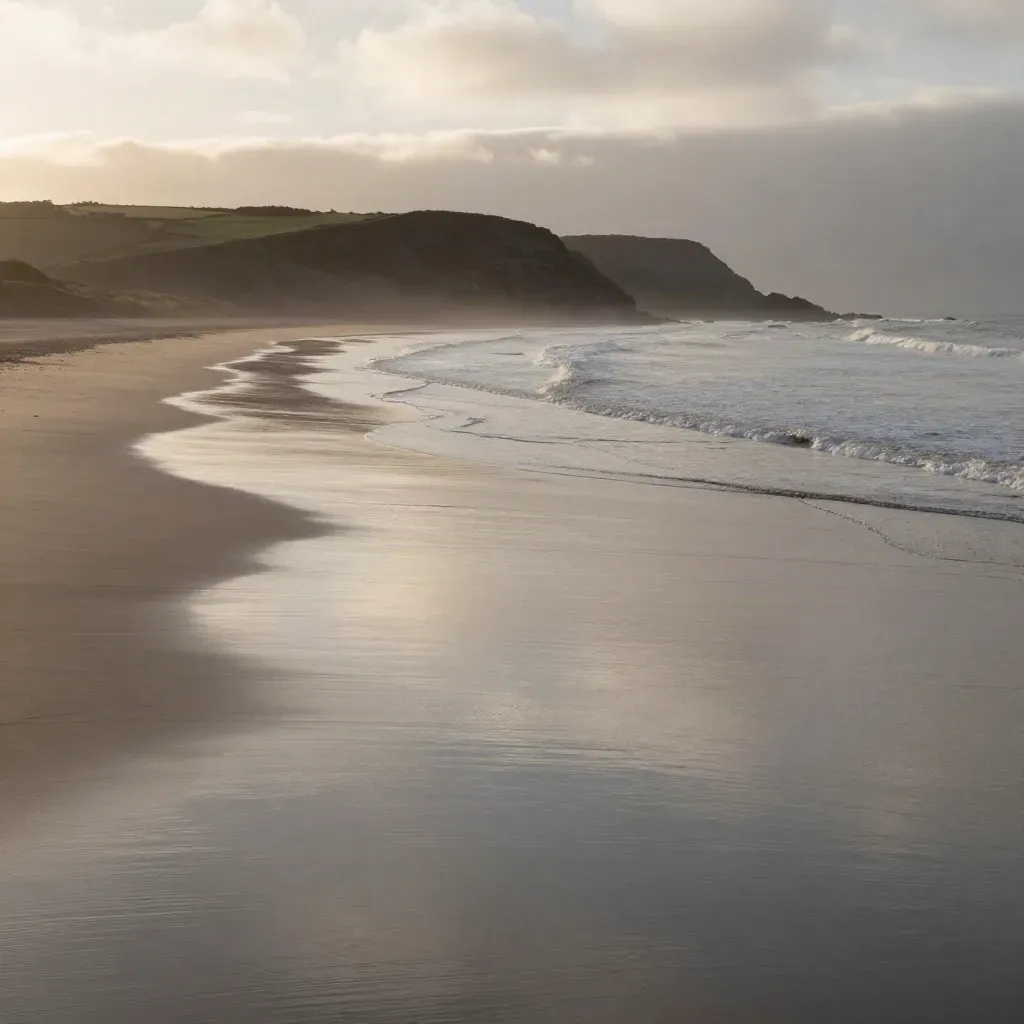 Colwyn Bay shoreline after rain with wet sand, surf, haze, and a distant headland